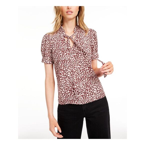 MAISON JULES Tops - MAISON JULES Womens Pink Ruffled Printed Pouf Sleeve Tie Neck Blouse XXS
